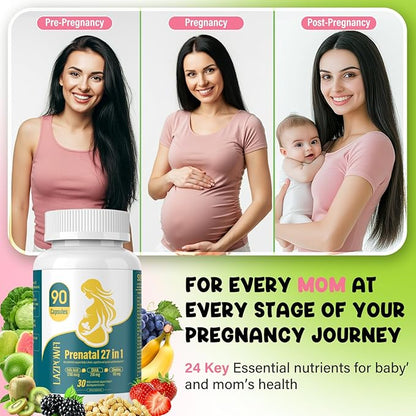 Prenatal Vitamins for Women multivitamin with Folic Acid DHA Choline for Pregnant and Nursing Women Niacinamide Biotin and Minerals 27 in 1 Needed Supplement 90 Capsules-30 Servings-White