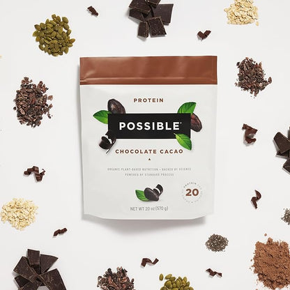 Possible Protein Powder Chocolate Cacao - 20g of Vegan, Plant-Based Protein Mix - Non-GMO, Non-Dairy, Gluten-Free - 3.5g of BCAAs - 9 Essential Amino Acids - 15-Day Supply - 1 Bag, 15 Servings