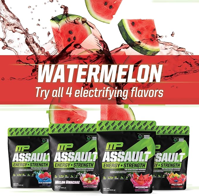 Muscle Pharm Assault Energy & Strength Pre Workout Powder for Men & Women with Beta Alanine, Caffeine, Creatine & Betaine Anhydrous, Pre-Workout Supplements, 30 Servings, Watermelon Flavor