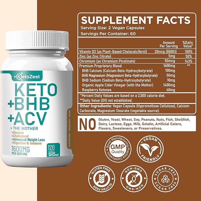 Keto ACV BHB Capsules 1600mg for Advanced Weight Loss & Belly Fat Burn - Organic Apple Cider Vinegar with The Mother Ketones Vegan Supplement - with Vitamin D3 Zinc Chromium for Men Women
