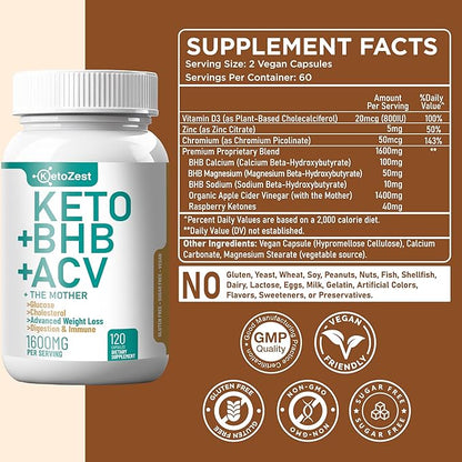 Keto ACV BHB Capsules 1600mg for Advanced Weight Loss & Belly Fat Burn - Organic Apple Cider Vinegar with The Mother Ketones Vegan Supplement - with Vitamin D3 Zinc Chromium for Men Women