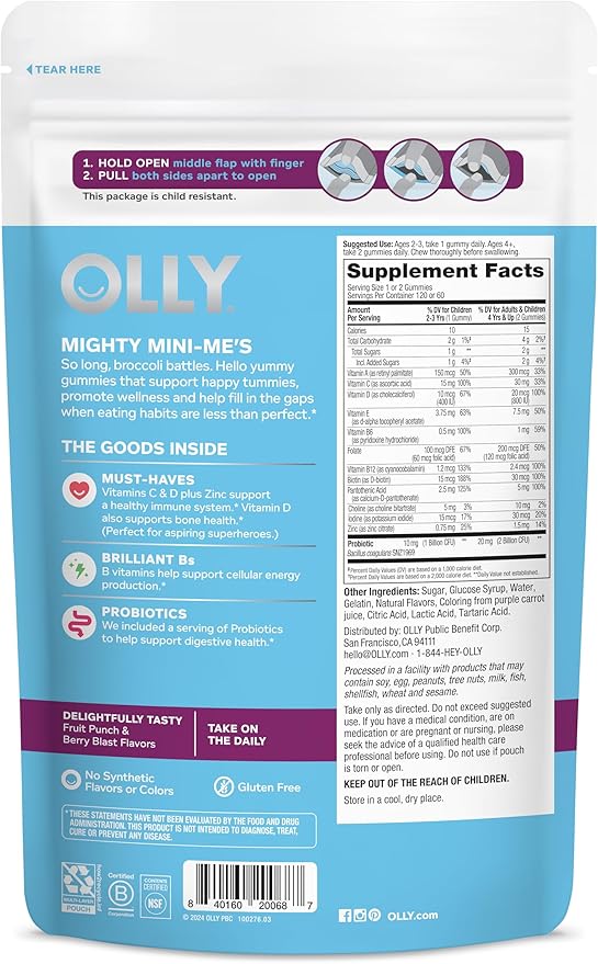 OLLY Kids Multivitamin & Probiotic Gummy, Digestive Support, Vitamins A, D, C, E, B, Zinc, Chewable Supplement, Berry Flavor, 60 day supply - 120 Count