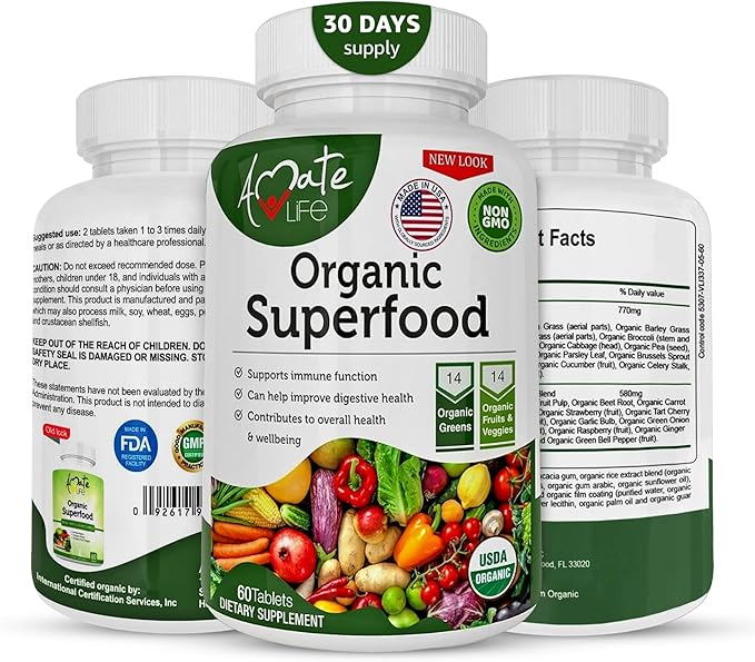 Organic Superfood Greens Fruits and Veggies Complex - Best Dietary Supplement with 14 Greens and 14 Fruits & Vegetables with Alfalfa Rich in Antioxidants Organic Ingredients Non-GMO 60 Tablets