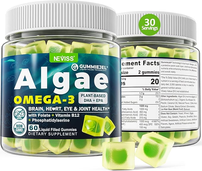 Vegan Omega 3 Gummies 1000mg w/MethylFolate, Vitamin B12, Plant Based DHA 460mg & EPA 230mg for Brain, Joint, Eye & Immunity, Sugar Free Fish Oil Omega 3 Supplements Alternative for Adults, 60 Cts
