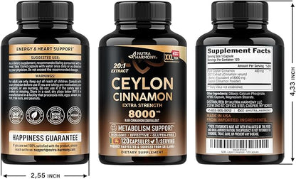 Ceylon Cinnamon Capsules - Extra Strength - Energy, Heart & Metabolism Support - for Men & Women - Pure Natural Extract 20:1 Supplement - Made in USA - GMO & Gluten Free, 120 Capsules, 4 Month Supply