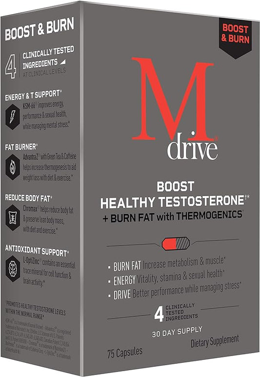 Mdrive Boost and Burn Test Booster and Fat Burner with Zinc, KSM-66 Ashwagandha, Advantra Z, 75 Count.