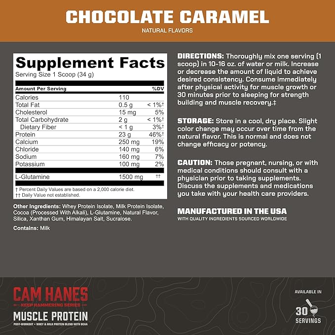 MTN OPS Cameron Hanes Keep Hammering Whey Protein Powder, Chocolate Caramel Flavor, 30 Servings