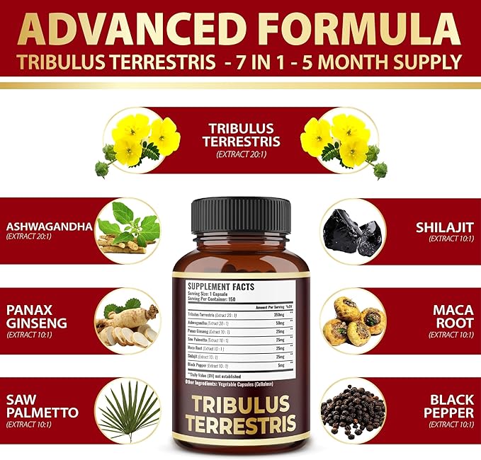 Tribulus Terrestris Supplement for Men & Women, 5-Month Supply with Ashwagandha, Panax Ginseng, Saw Palmetto, Maca, Shilajit, 150 Count