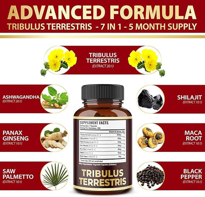 Tribulus Terrestris Supplement for Men & Women, 5-Month Supply with Ashwagandha, Panax Ginseng, Saw Palmetto, Maca, Shilajit, 150 Count
