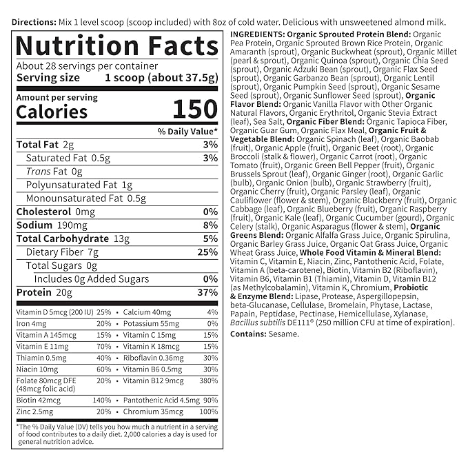 Garden of Life Meal Replacement Shakes, Vegan Protein Powder, Raw Organic Protein Powder, Vanilla Protein Powder with Plant Based Pea Protein, Sprouts, Greens, Probiotics, Dairy Free 28 Servings