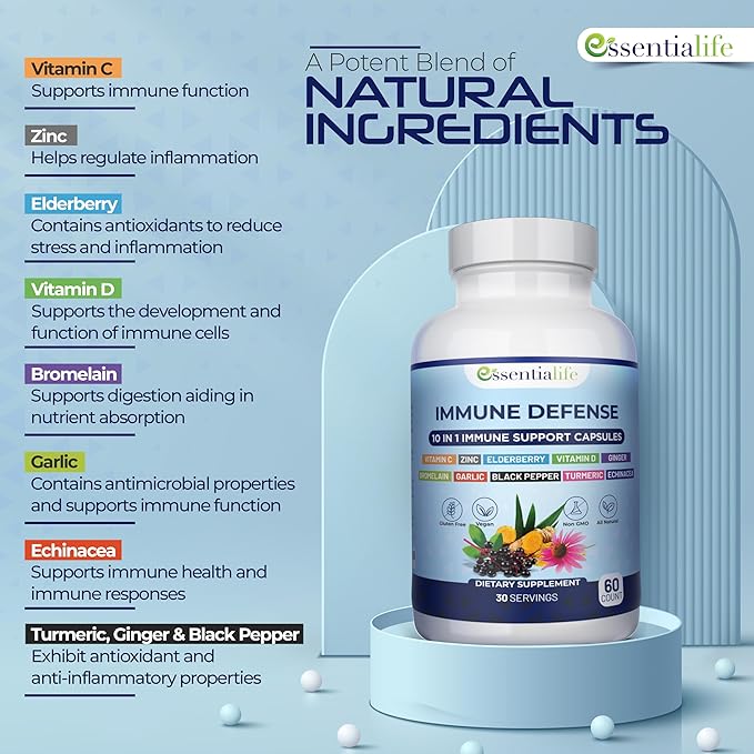 Immune Support Supplement 10 in 1 Elderberry, Echinacea, Vitamin D, Vitamin C 1000mg & Zinc Supplement - Take Charge of Your Health with Immune Booster for Adults - 60 Vitamins Capsules