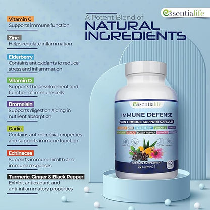 Immune Support Supplement 10 in 1 Elderberry, Echinacea, Vitamin D, Vitamin C 1000mg & Zinc Supplement - Take Charge of Your Health with Immune Booster for Adults - 60 Vitamins Capsules