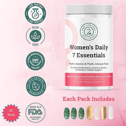 Daily 7 Essentials Women's Vitamin Pack -7 Pack Complete Women's Multivitamin Packet with Energy, Metabolism, Immune System, Women's Health Support with Probiotics, More