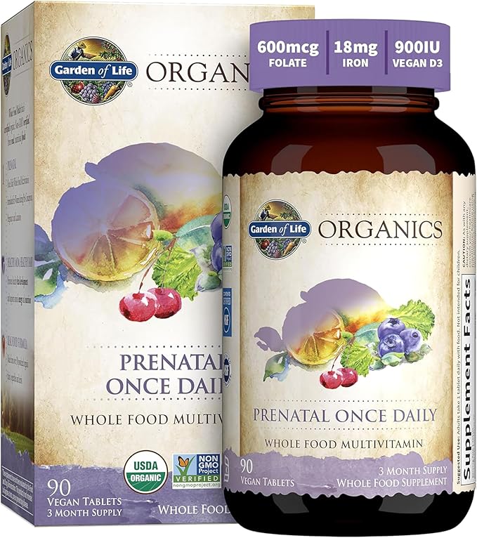 Garden of Life Organics Prenatal Vitamin: Folate for Energy & Healthy Fetal Development, Non-constipating Iron, Vitamin C, B6, B12, D3 – Organic, Non-GMO, Gluten-Free, Vegan, 90 Day Supply