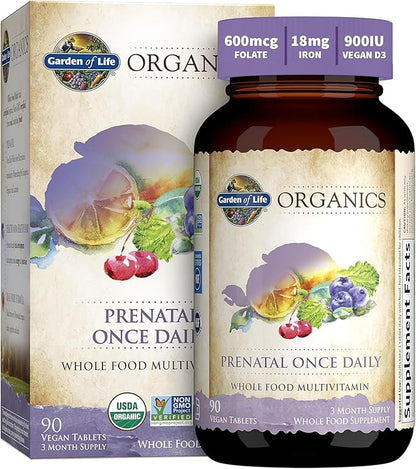 Garden of Life Organics Prenatal Vitamin: Folate for Energy & Healthy Fetal Development, Non-constipating Iron, Vitamin C, B6, B12, D3 – Organic, Non-GMO, Gluten-Free, Vegan, 90 Day Supply