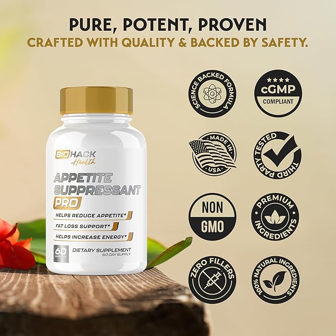 BioHack Health | Best Appetite Suppressant for Weight Loss Pills for Women & Men | Fat Burner Supplement, Metabolism Booster, Carb Blocker | Extra Strength Diet Pills That Work Fast - 60 Capsules