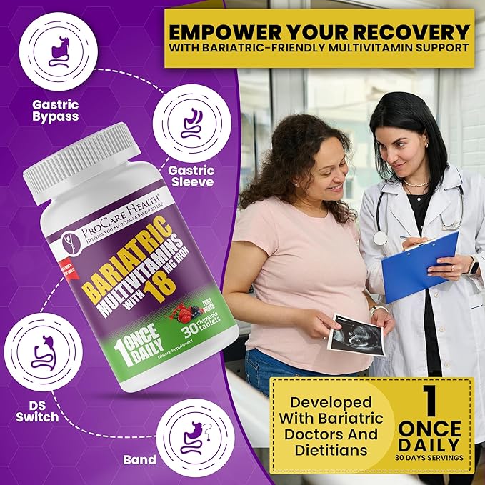 Procare Health Bariatric chewable Multivitamin with Iron 18mg (30 Tablets) - Fruit Punch Flavor Bariatric Multivitamin Chewable Pills for Gastric Bypass & Sleeve Gastrectomy Patients* (1 Month Supply)