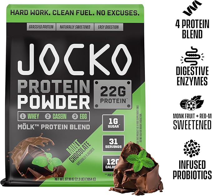 Jocko Mölk Whey Protein Powder 22g Sugar Free Monk Fruit Blend - Muscle Recovery & Growth, Packaging May Vary (31 Servings, Mint Chocolate)