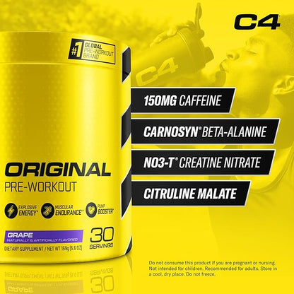 Cellucor C4 Original Pre Workout Powder Grape Sugar Free Preworkout Energy for Men & Women 150mg Caffeine + Beta Alanine + Creatine - 30 Servings (Packaging May Vary)