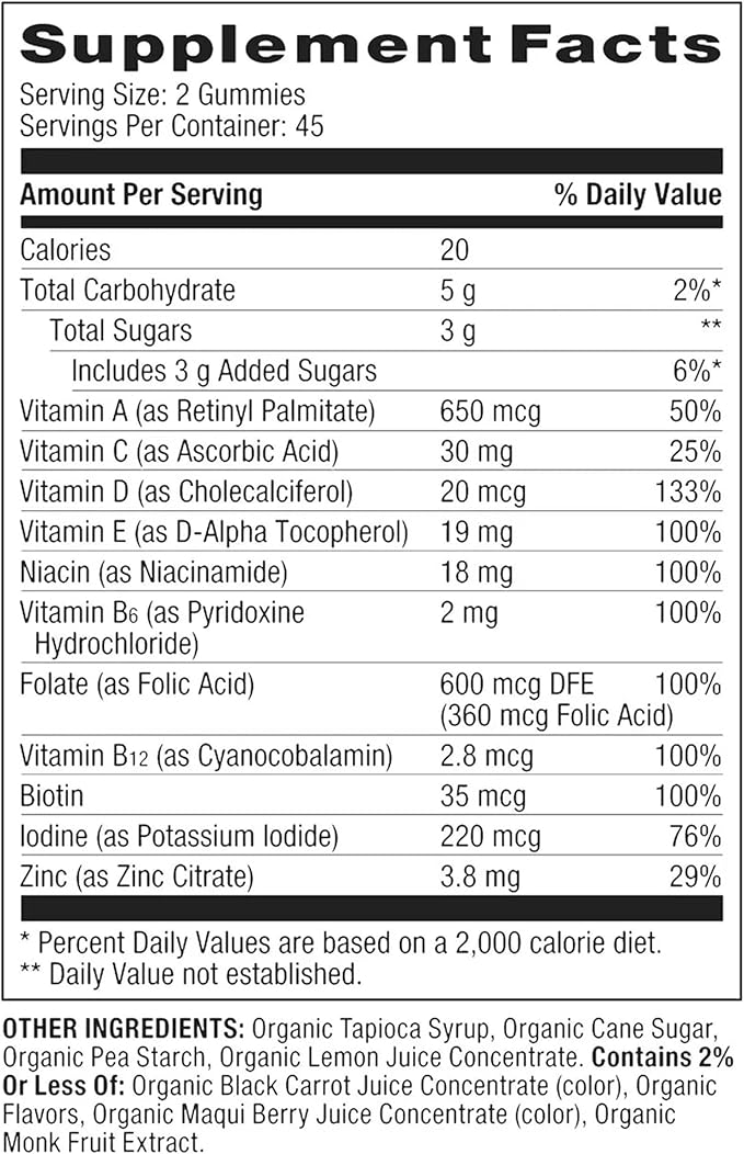 Prenatal Multivitamin Gummies, 90 Count | Non-GMO, Grapefruit & Pomegranate Flavor, 11 Essential Vitamins & Minerals, Including Vitamins A, B12, C, D, E, Niacin, Biotin, Zinc & Folate, Gluten-Free