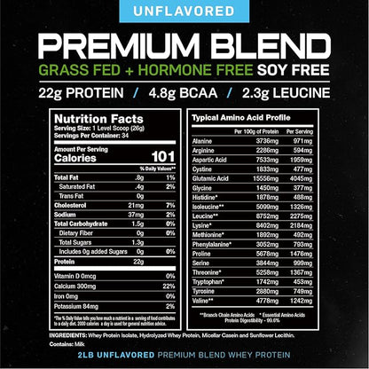 Muscle Feast Premium Blend All Natural Hormone Free Grass-Fed Whey Protein Powder, Unflavored, 2lb