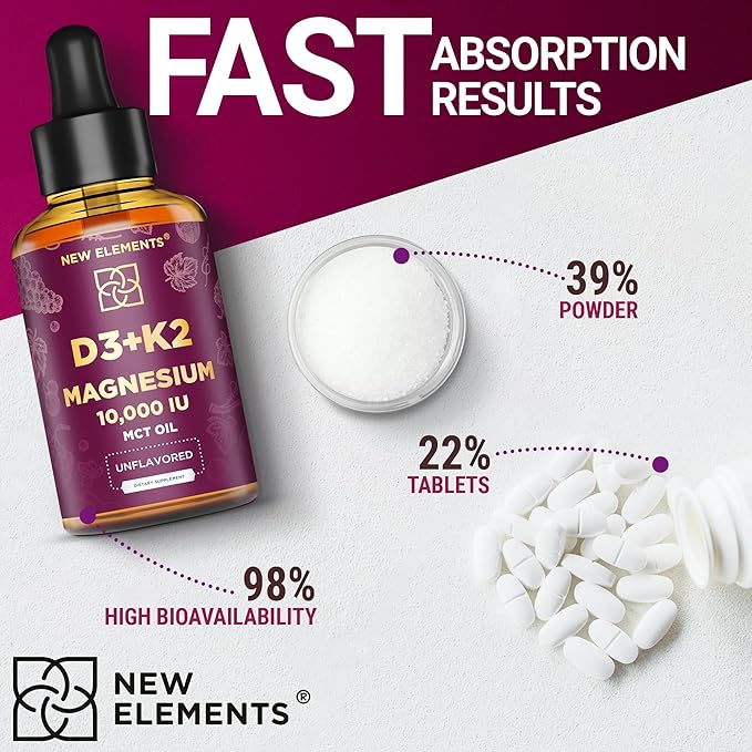 Liquid Vitamin D3 K2 10000IU with Magnesium Glycinate 5mg | VIT D3 K2 Drops for Adults | Mk7 Vitamin K2 100mcg | Vitamin D3 + K2 Supplement for Men & Women | Gluten Free | Non-GMO