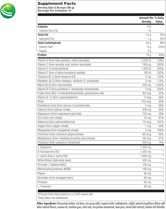 Nutra Biogenesis - BioInflaMax Berry Powder - Pea, Chlorella & Rice Protein Plus Multivitamin/Minerals, White Willow Bark & Proteolytic Enzymes - Gluten Free - 1.7 Pounds