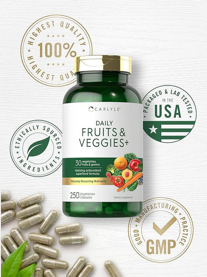 Carlyle Fruits and Veggies Supplement | 250 Capsules | Made with 30 Fruits and Vegetables | Vegetarian, Non-GMO, Gluten Free Superfood Formula