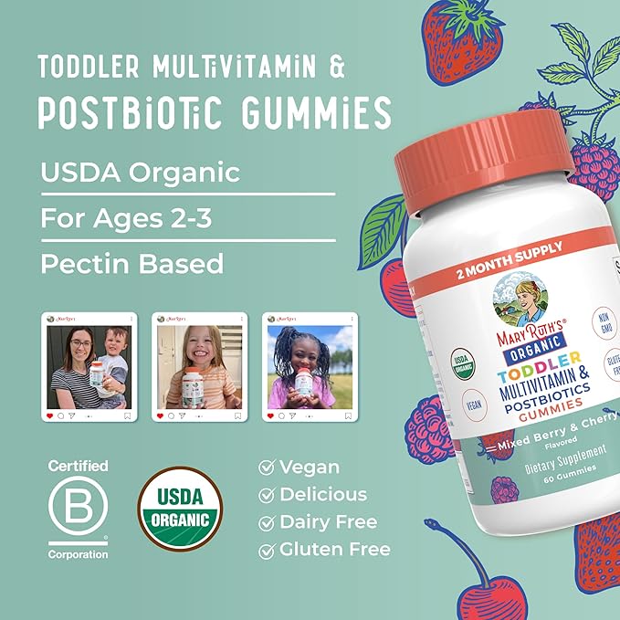 MaryRuth Organics Toddler Multivitamin Gummies + Postbiotics | USDA Organic | Vitamins for Kids Ages 2+ | Immune Support | Vitamin C | Vitamin D3 | Vitamin A | Zinc | Vegan | Non-GMO | 60 Servings