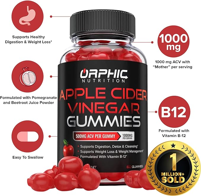 Apple Cider Vinegar Gummies - 1000mg - Formulated to Support Normal Energy Levels & Gut Health - Supports Digestion, Detox & Cleansing - ACV Gummies W/VIT B12, Beetroot (120 Gummies)