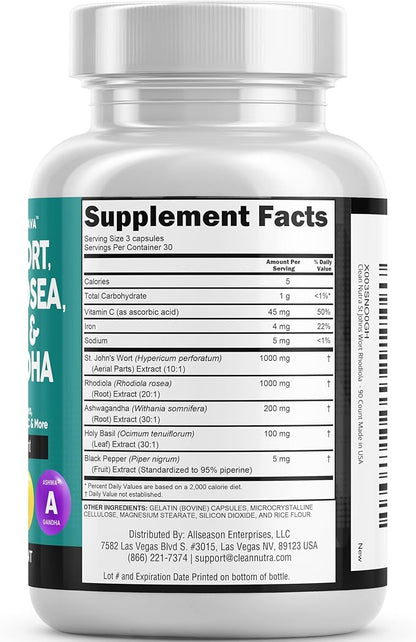 Clean Nutraceuticals St Johns Wort Rhodiola Rosea Holy Basil Ashwagandha - Mood Support for Women and Men with Vitamin C & Black Pepper Extract - 90 Caps