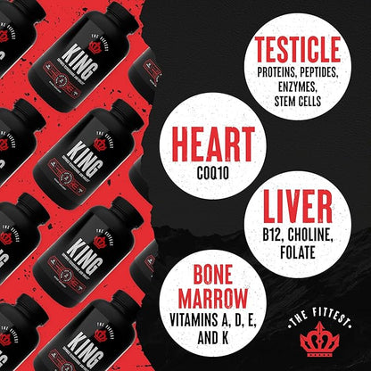The Fittest King - Testosterone Booster Supplement - Supports Hormone Health, Stamina, & Strength - Includes Grass fed Bovine Liver, Bone Marrow, Heart & Testicle - 180 Capsules