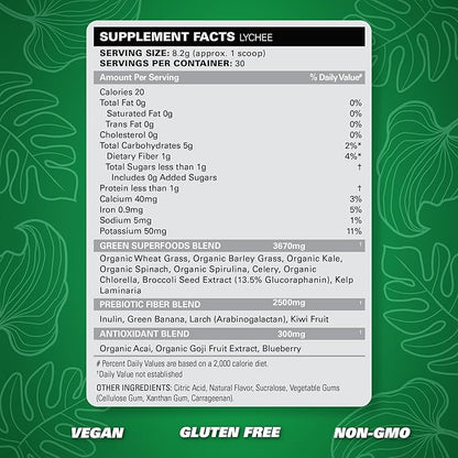 EHP Labs OxyGreens Super Greens Powder - Spirulina & Chlorella Superfood, Green Juice Powder & Greens Supplements with Prebiotic Fibre, Antioxidants & Immunity Support, 30 Serves (Lychee)