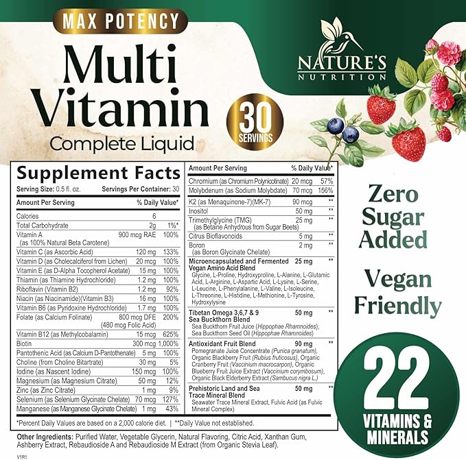 Liquid Multivitamin, Sugar Free Multi Vitamin for Women Men & Kids, Vitamins A, C, D, B-12, Biotin & Zinc for Beauty, Skin Care, Thicker Hair Growth & Wrinkles, Non-GMO, Vegan, Berry Flavor, 15 Fl Oz