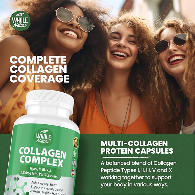 Multi Collagen Protein Peptides Supplement Capsules - 1800mg Collagen Complex Types I, II, III, V, X - Joint Support, Healthy Hair, Skin, Nails, Beauty Vitamins, 100% Natural, Non-GMO 90ct (1)