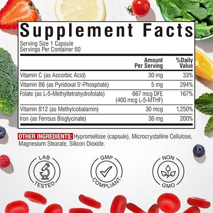 Iron Supplement for Women & Men, with Vitamins C, B6, B12 & Folate for Iron Deficiency, Blood Building & Energy Support, Stomach Friendly, Better Absorption, Non-GMO, No Gluten, 60 Vegan Caps