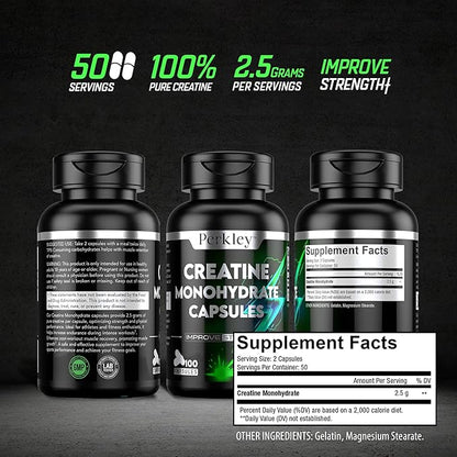 Perkley™ Creatine Monohydrate Capsules,100 Count (50 Servings) Strength, Muscle Growth & Performance Boost, Micronized Creatine for Fast Absorption, Pre- and Post-Workout Support