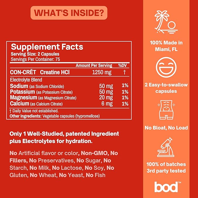BOD Creatine Capsules HCL Pills for Muscle Support, Endurance, No Bloat, No Load, Monohydrate Micronized Alternative, Unflavored Creatine for Women and Men, Vegan, Keto, 150 Capsules, 75 Servings
