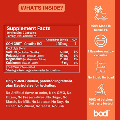 BOD Creatine Capsules HCL Pills for Muscle Support, Endurance, No Bloat, No Load, Monohydrate Micronized Alternative, Unflavored Creatine for Women and Men, Vegan, Keto, 150 Capsules, 75 Servings