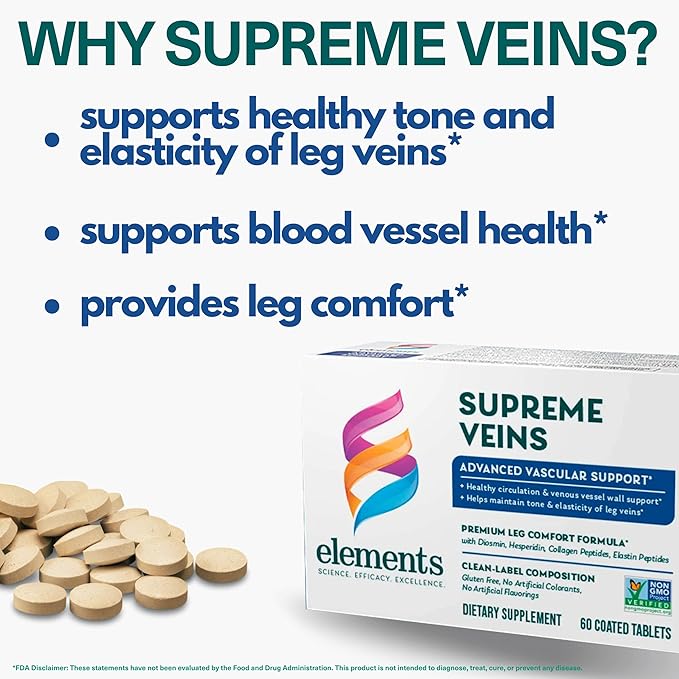 Elements Supreme Veins, 60 Tablets (30 Day Supply), Advanced Vascular Support Supplement, Supports Healthy Circulation and Elasticity in Leg Veins, Gluten Free