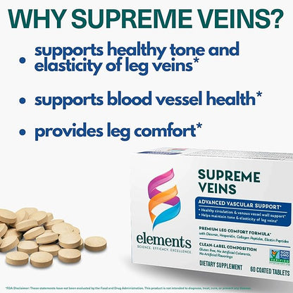Elements Supreme Veins, 60 Tablets (30 Day Supply), Advanced Vascular Support Supplement, Supports Healthy Circulation and Elasticity in Leg Veins, Gluten Free
