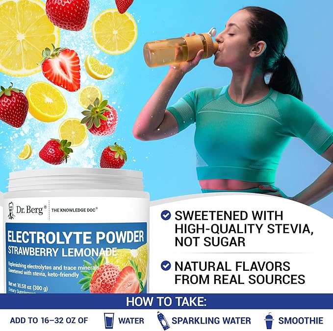 Dr. Berg Zero Sugar Hydration Keto Electrolyte Powder - Enhanced w/ 1000 mg of Potassium & Real Pink Himalayan Salt (NOT Table Salt) - Strawberry & Lemonade Hydration Drink Supplement - 50 Servings