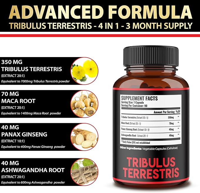 Zolotus Premium Tribulus Terrestris Capsules - 9600mg Per Serving - Combined with Ashwagandha, Panax Ginseng & Maca - Boost Energy, Mood, Stamina & Immune - 90 Counts for 3 Months