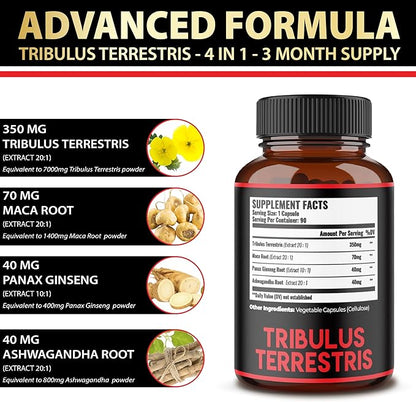 Zolotus Premium Tribulus Terrestris Capsules - 9600mg Per Serving - Combined with Ashwagandha, Panax Ginseng & Maca - Boost Energy, Mood, Stamina & Immune - 90 Counts for 3 Months