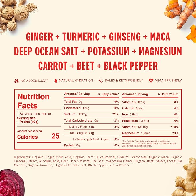 SUPEROOT® Travel Pack Natural Electrolytes Powder with Ginger, Turmeric, and Maca Root, Sugar & Caffeine Free Drink Mix, Clean Hydration, Energy, Detox & Immune Boost, 12 Count (Ginger Citrus)