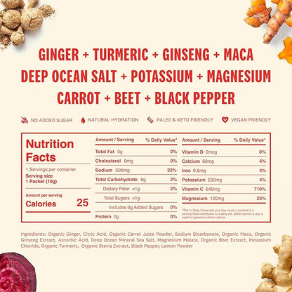 SUPEROOT® Travel Pack Natural Electrolytes Powder with Ginger, Turmeric, and Maca Root, Sugar & Caffeine Free Drink Mix, Clean Hydration, Energy, Detox & Immune Boost, 12 Count (Ginger Citrus)