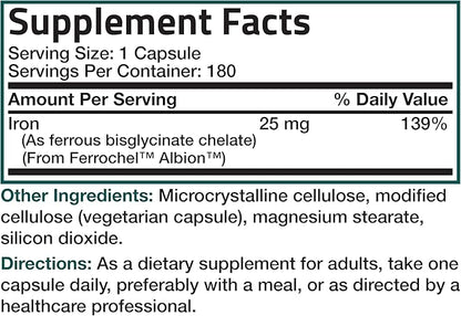 Bronson Iron Bisglycinate 25 mg Gentle on The Stomach, Supports Energy & Healthy Red Blood Cell Production - Non-Constipating Formula - Non GMO, 180 Vegetarian Capsules