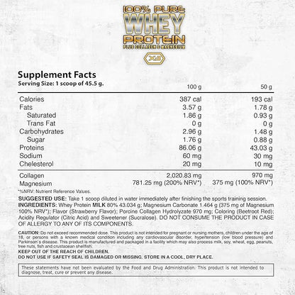 DL 100% Pure Whey Protein + Collagen + Magnesium | 43g. Protein & Essential BCAA´s | Muscle Gain, Recovery & Nutrient delivery | Low Fat Protein | Quik & Easy Mixing | 1 kg (1KG, Strawberry)