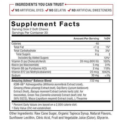 FORCE FACTOR Amazing Ashwa for Stress Relief, Memory, Focus, and Immune Support Health, Ashwaganda Supplement with KSM-66 Ashwagandha for Stress, 120 Soft Chews