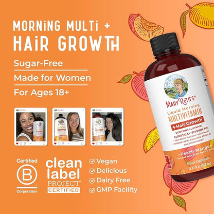 MaryRuth Organics Liquid Multivitamin Lustriva® Hair Growth for Women| Biotin 10000mcg | Vitamin D, B |Clinically Tested for Thicker Hair, Wrinkles, Fine Lines, Skin Care| Ages 18 | 15.22 Fl Oz